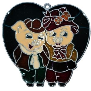 Vintage Handmade Stained Glass Couple Date Love Pigs Suncatcher Ornament